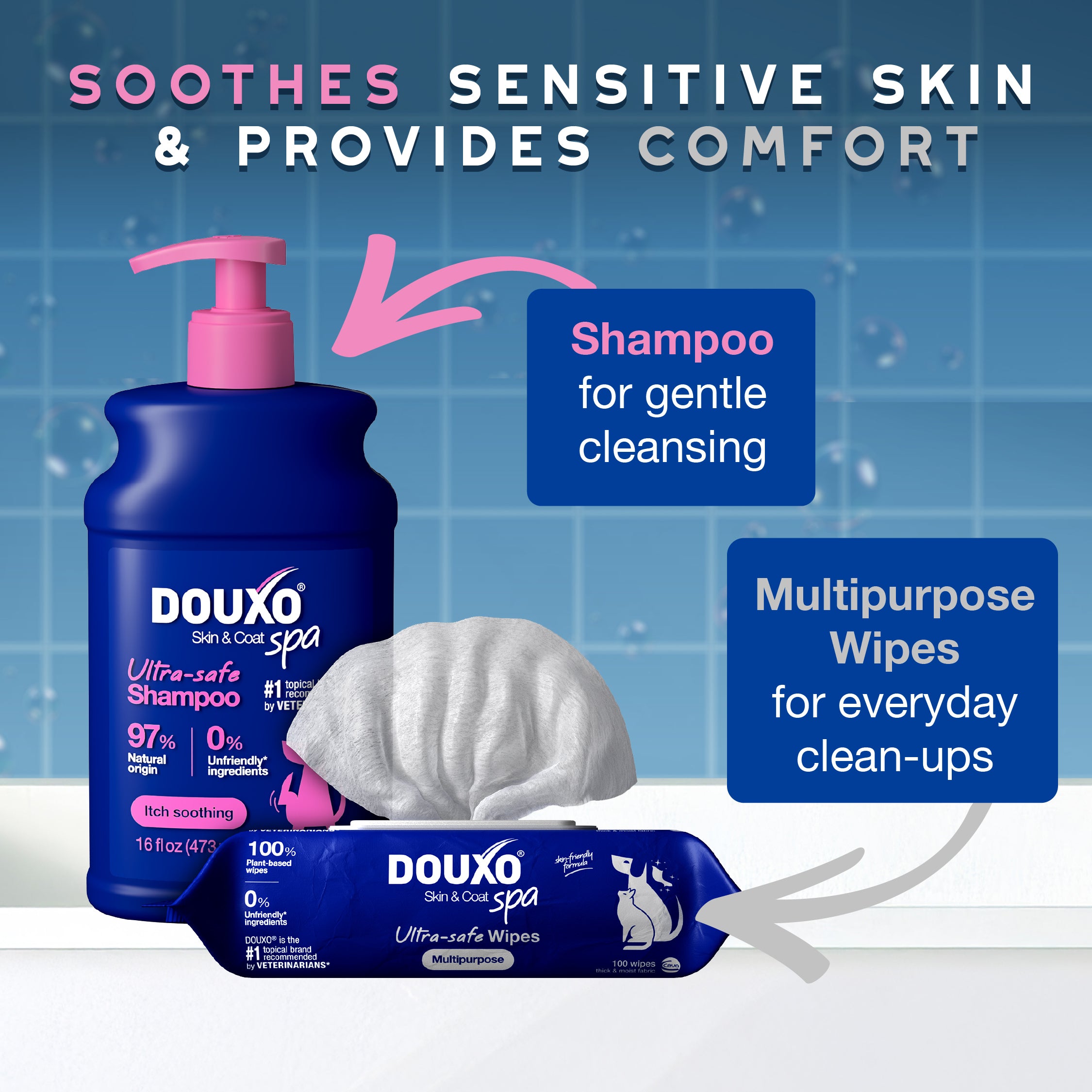 DOUXO® Skin & Coat SPA Sensitive skin Soothing Shampoo & Multipurpose Wipes Bundle